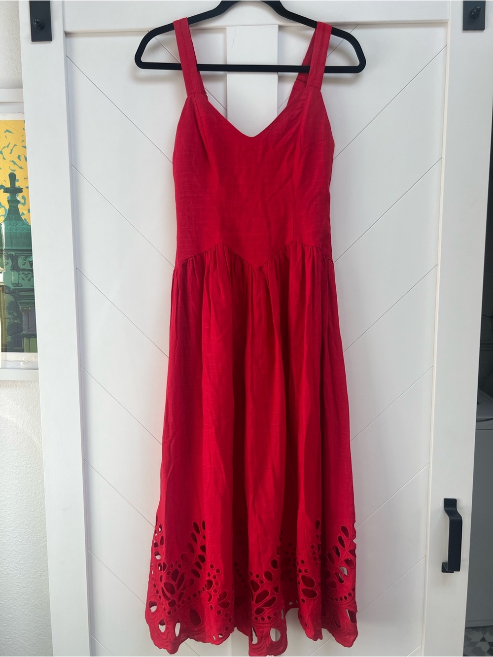 Moon River Red Sleeveless Midi Dress with Eyelet Hem